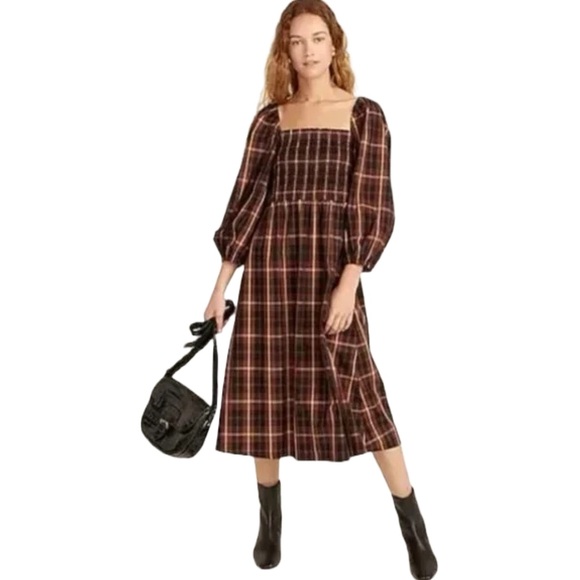 J.Crew Smocked puff-sleeve dress in Friday Plaid Size Medium Smocked Waist EUC - Picture 2 of 11